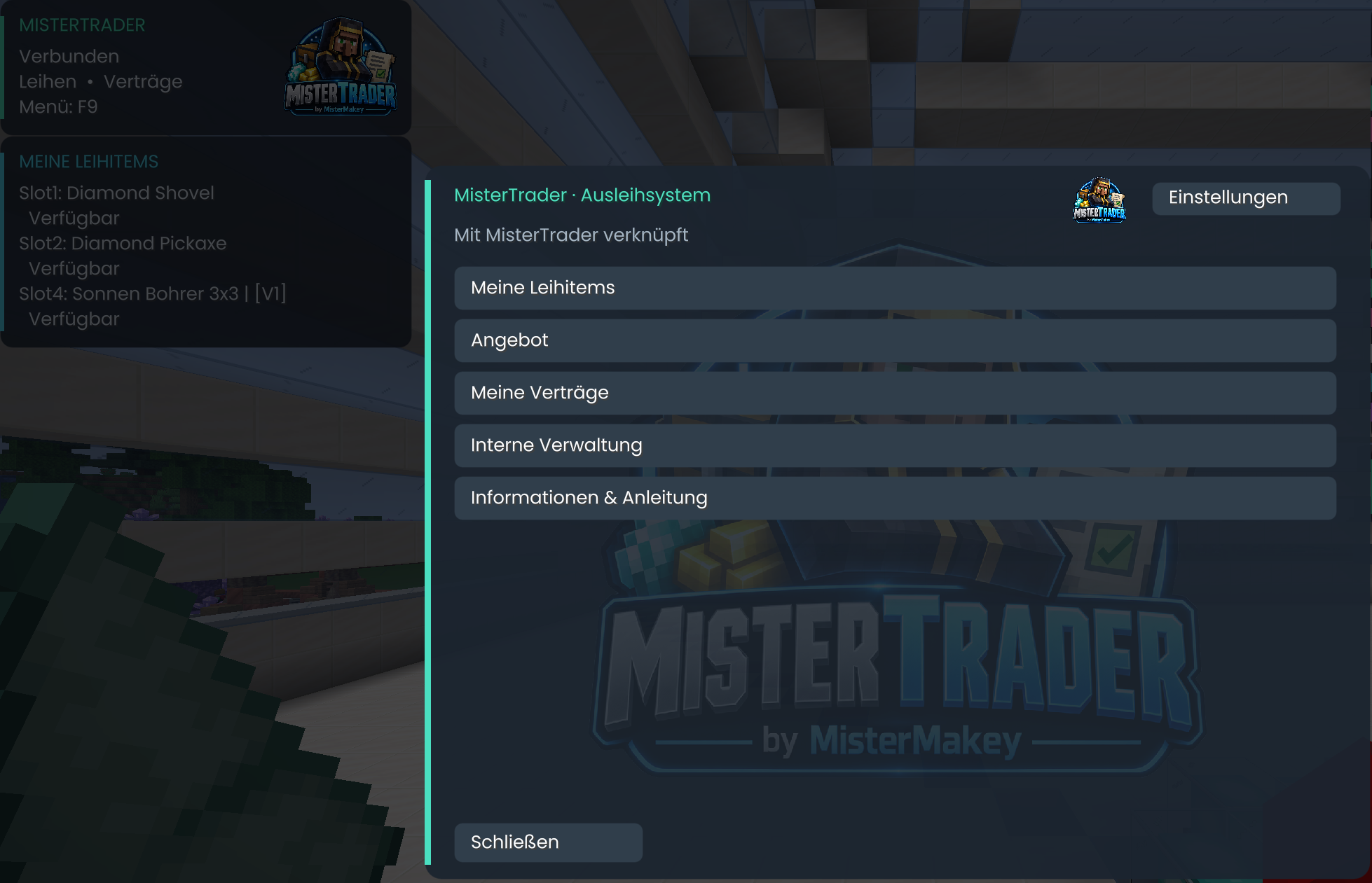 MisterTrader Addon mit Leihitems, Angebot und Verträgen